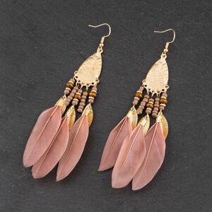 New Boho Brown And Gold Feather Beaded Drop Earrings